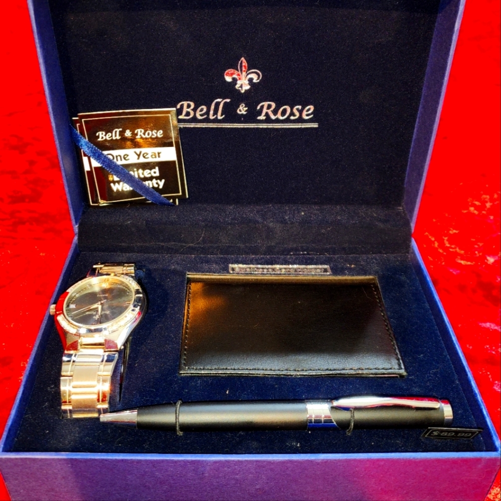 Bell & Rose Men's Gift Set featuring Magnetic Business Card Holder, Watch, & Pen